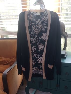 Ann Taylor Blue/Tan Top With Cardigan Blue/ Cream Trim